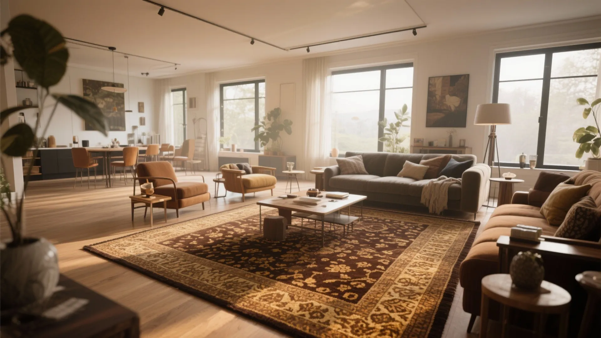 Patterned Brown and Gold Rug as a Centerpiece