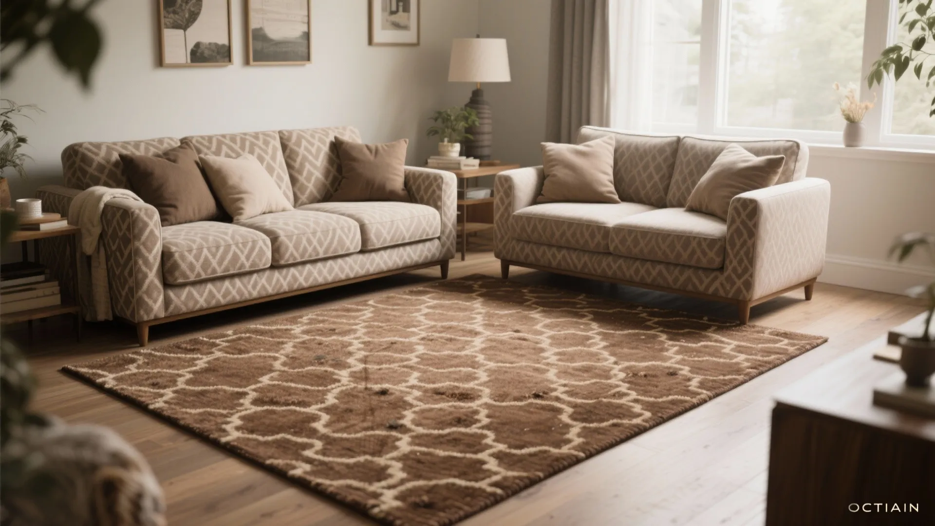 2. Patterned brown rug for hiding life’s little disasters
