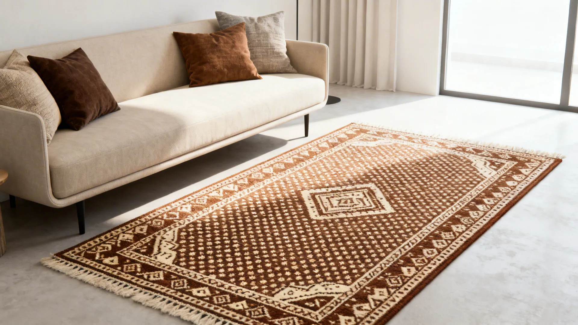 Narrow living room with a brown-and-cream patterned rug and neutral accents.