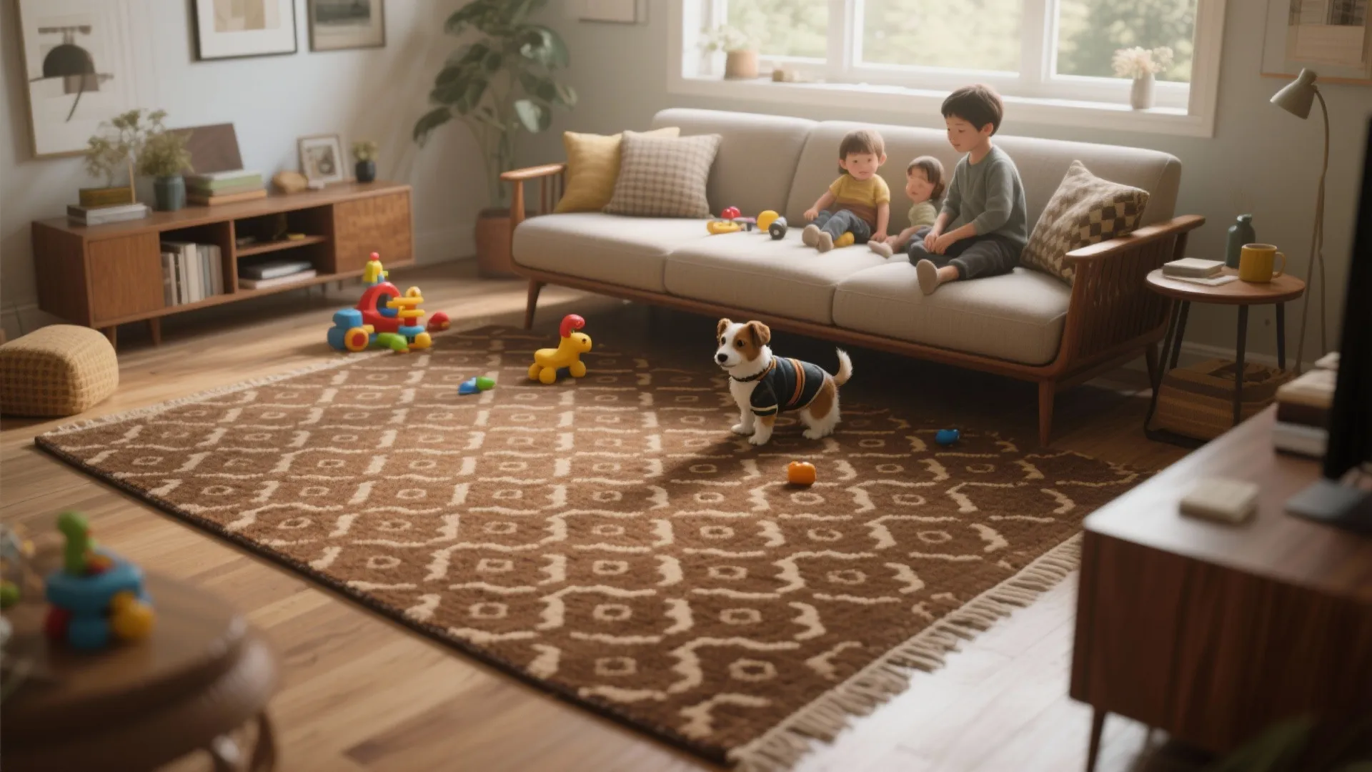 Living room with brown patterned rug children playing on sofa with toys and a dog