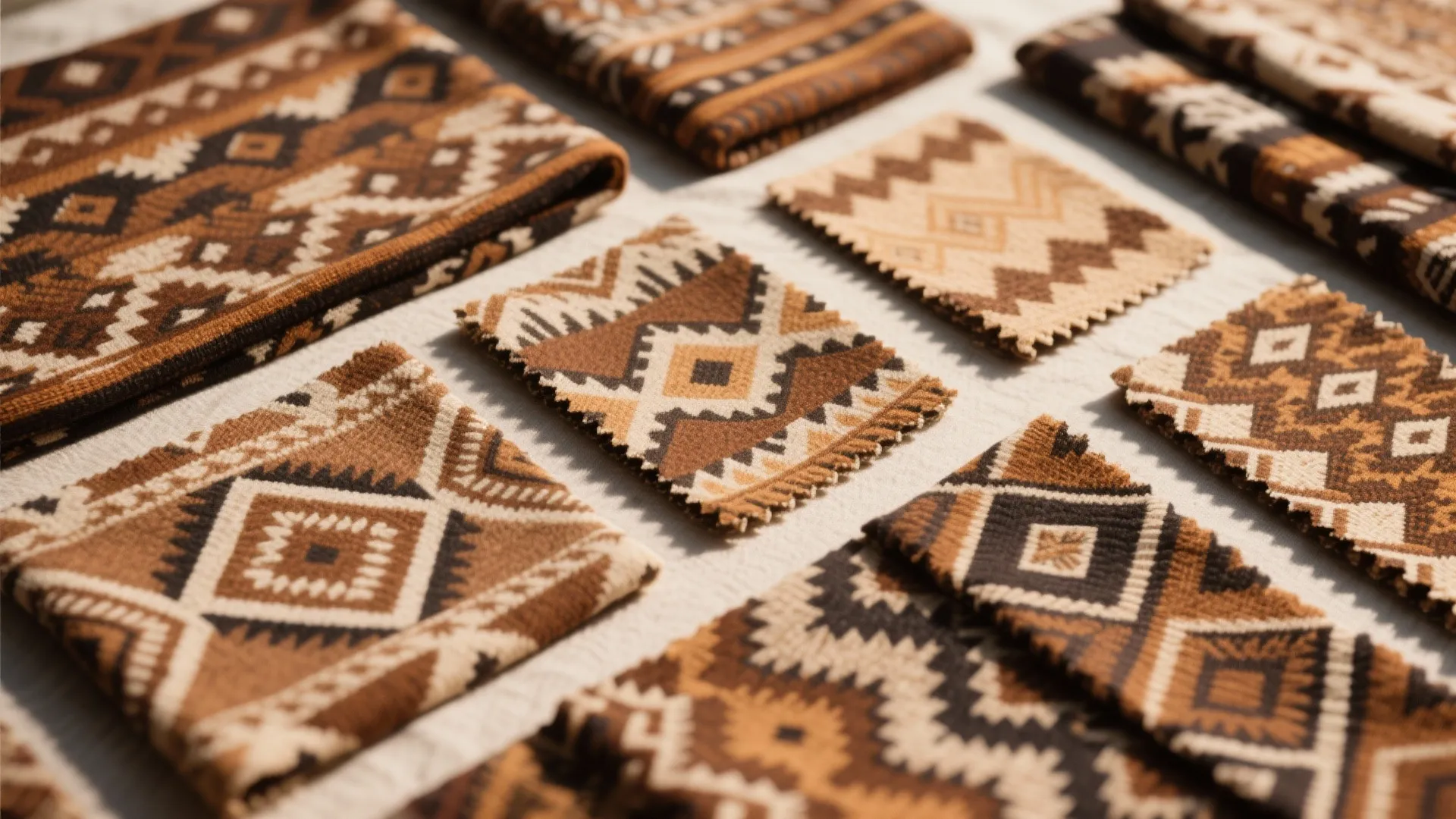 Patterned fabric swatches in earthy tones for a brown living room