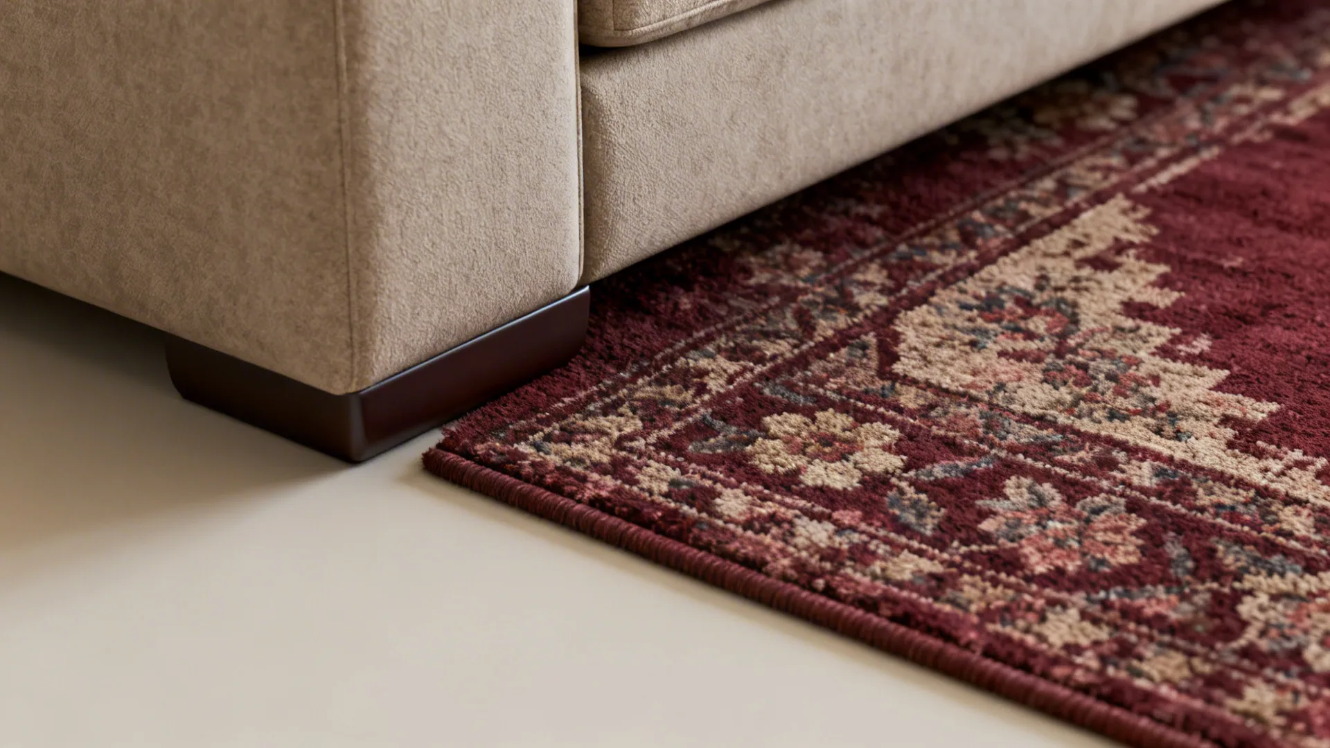 Beige sofa corner sits on a patterned burgundy rug with flower details over light floor