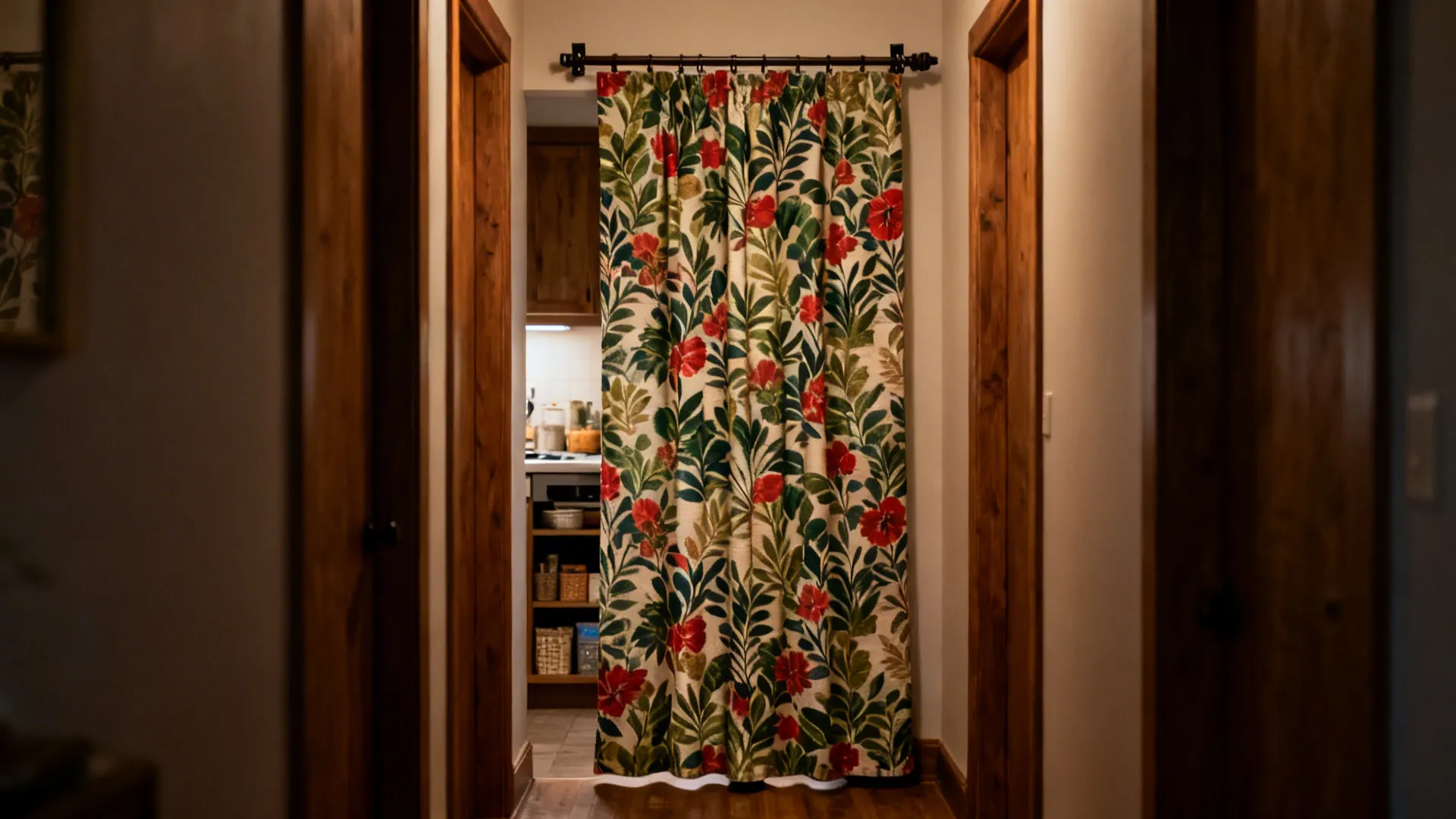 Bold botanical cotton-canvas curtain concealing a small kitchen off a narrow hallway.