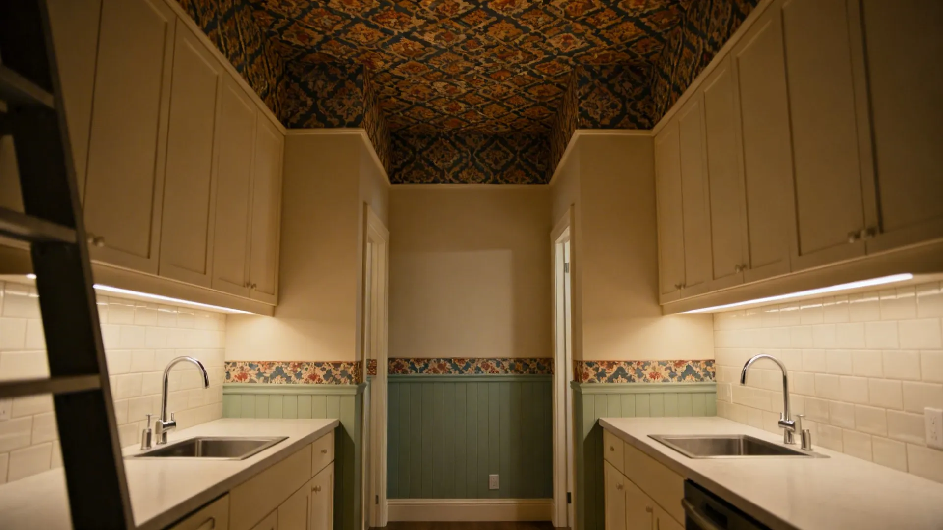 Symmetrical narrow kitchen featuring white cabinets twin sinks green wall panel and a patterned ceiling