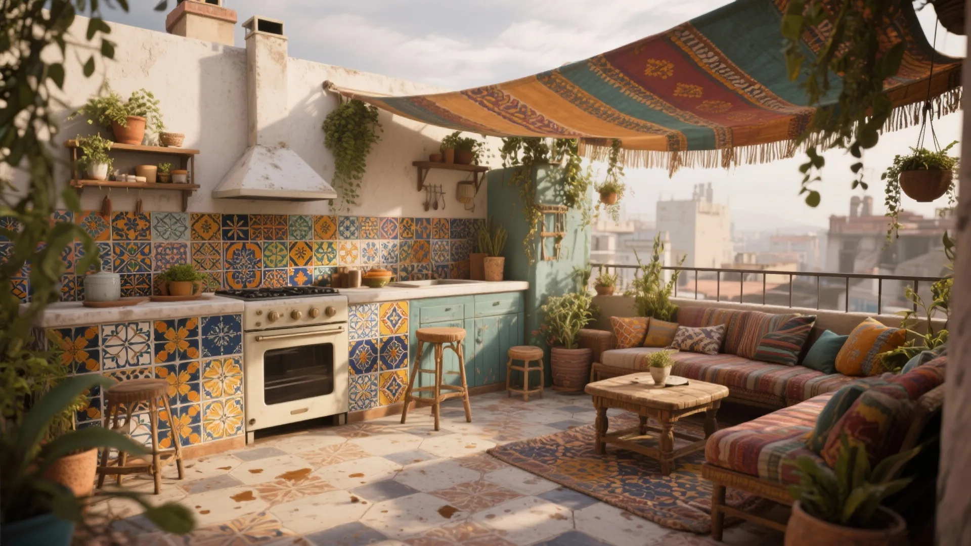 Outdoor rooftop kitchen with colorful pattern wall tiles, blue cabinets, wooden stools, and striped sofa