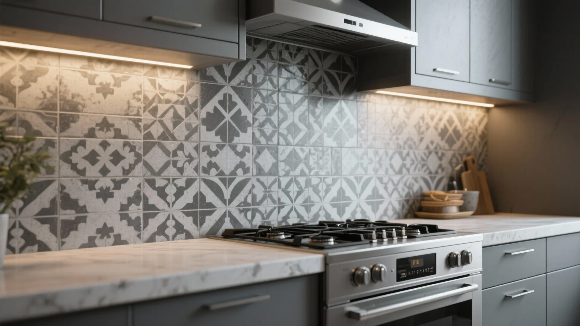 Grey patterned kitchen wall tiles behind a silver stove and under dark grey wall cabinets