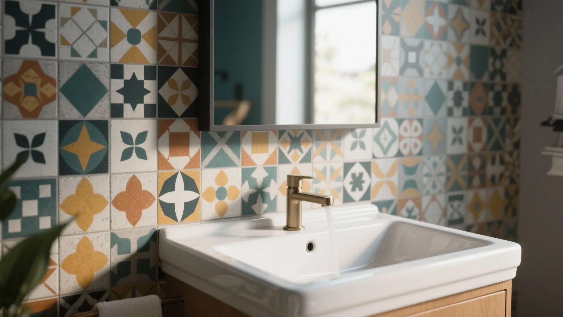 White bathroom sink with gold faucet against colorful patterned wall tiles and a small mirror