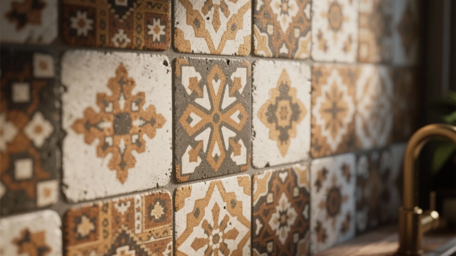 Close view of patterned brown and white cement wall tiles in a warm kitchen setting