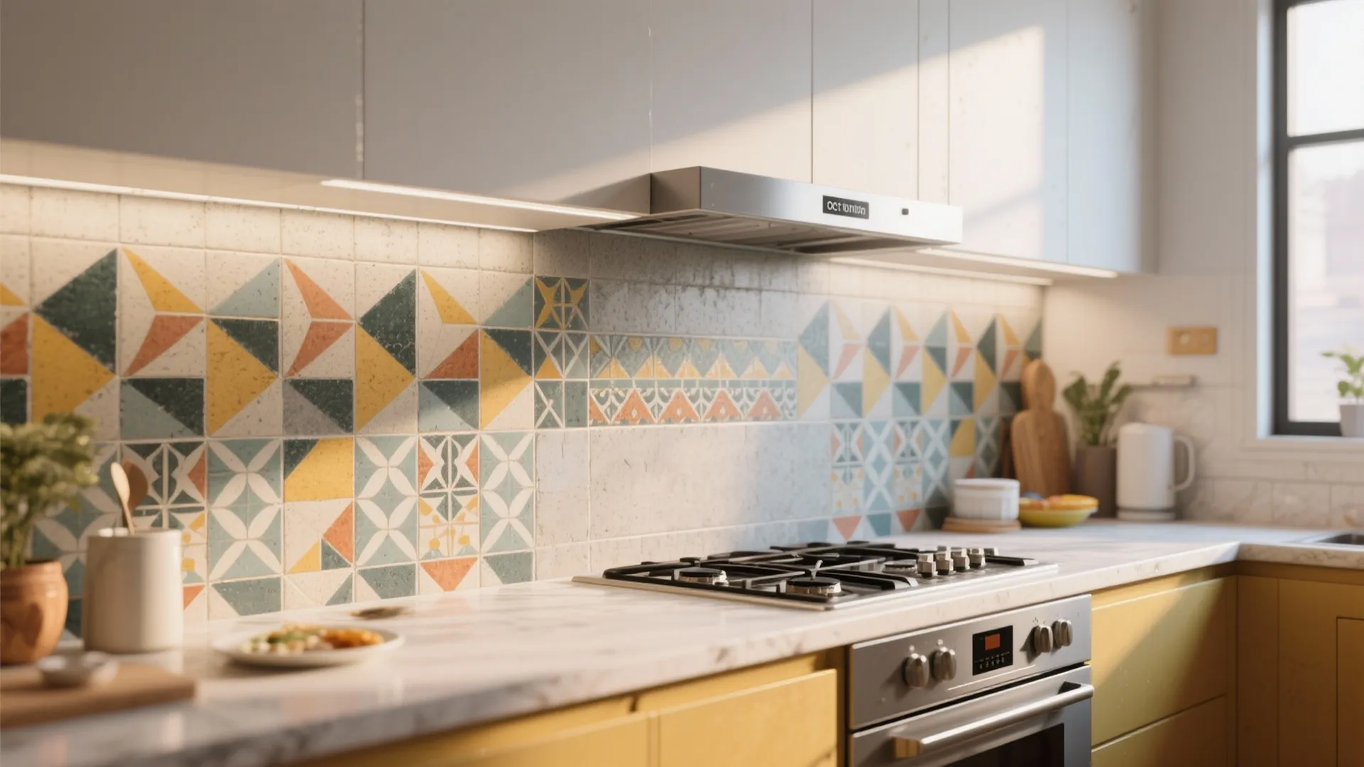 Colorful patterned wall tiles in a bright kitchen with white cabinets and a gas stove