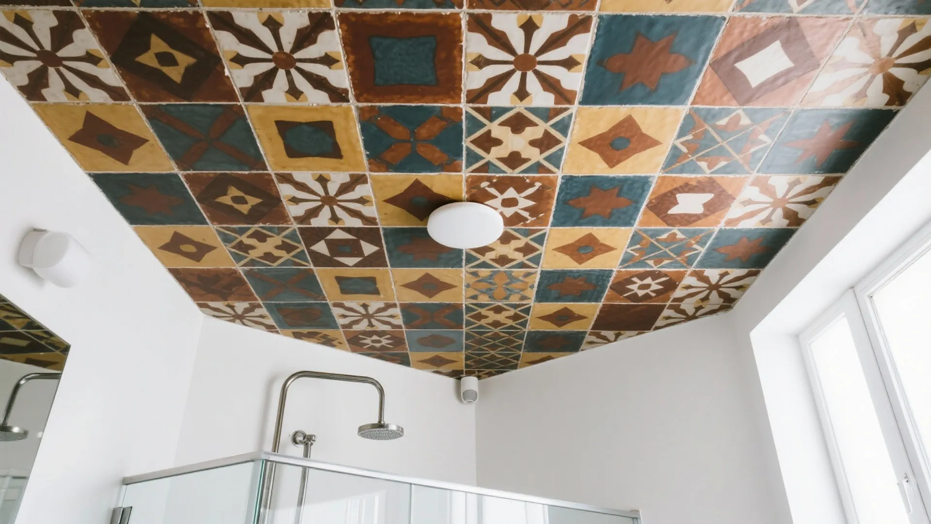 Bathroom with colorful patterned tile ceiling white round light fixture glass shower and white walls