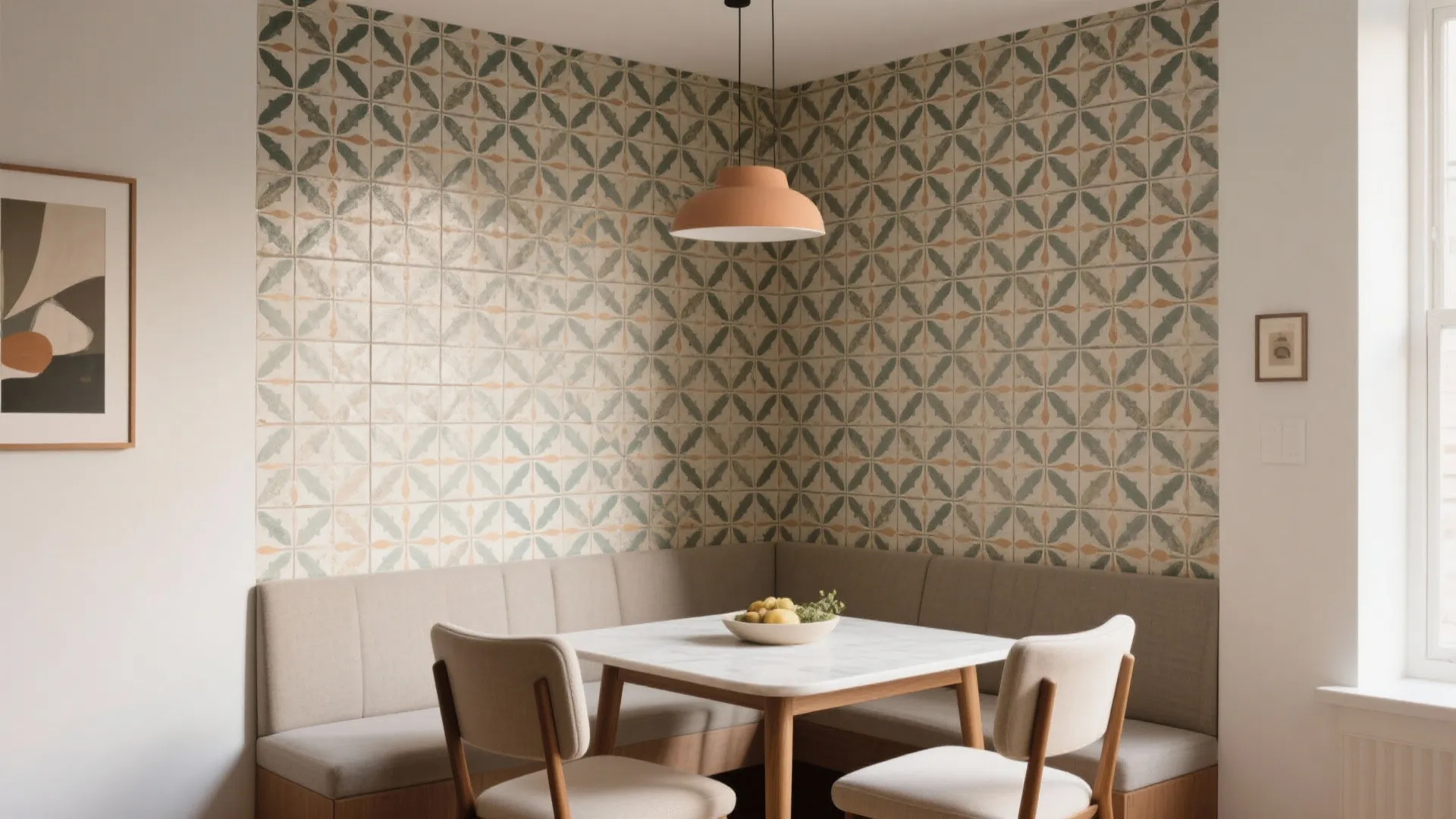 Dining corner with patterned wall tiles square white table beige seating and orange ceiling light