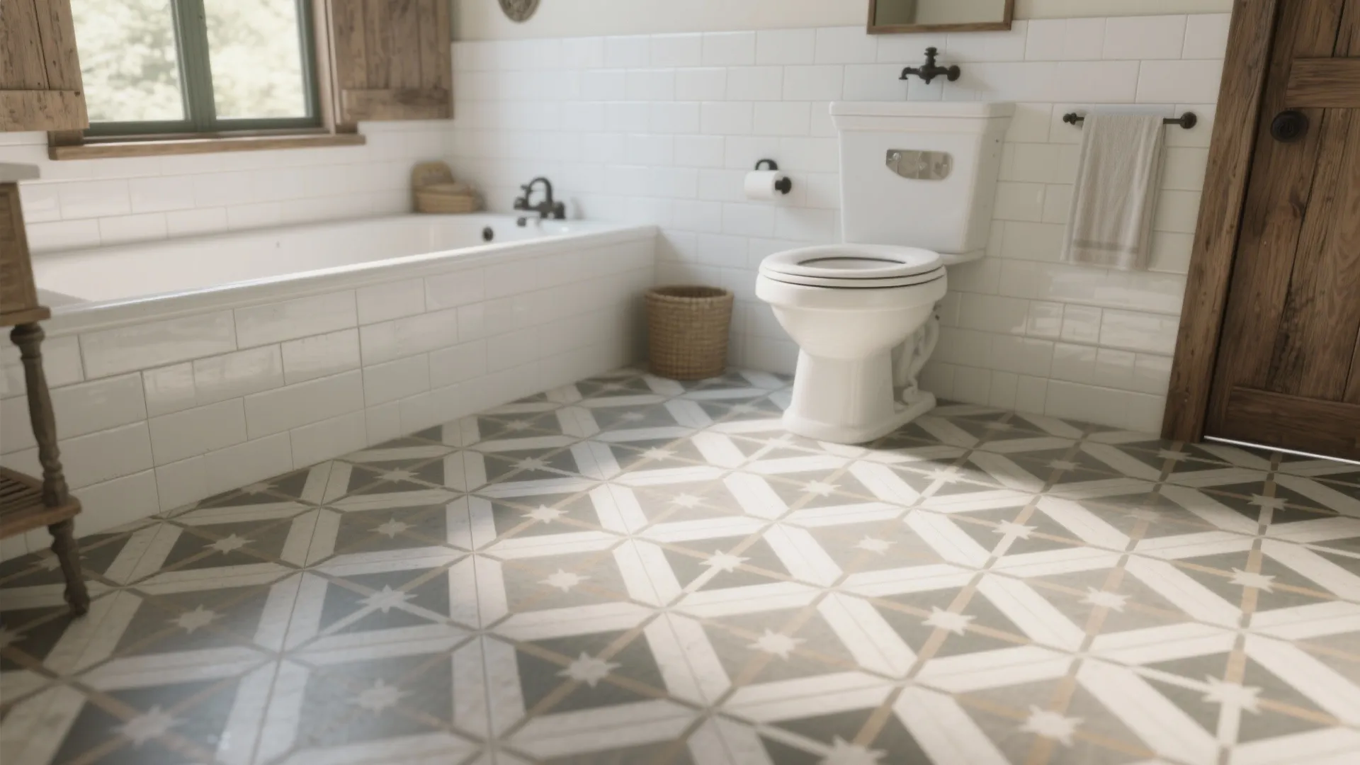 Modern bathroom featuring white bathtub white toilet patterned floor tiles and wooden doors with window