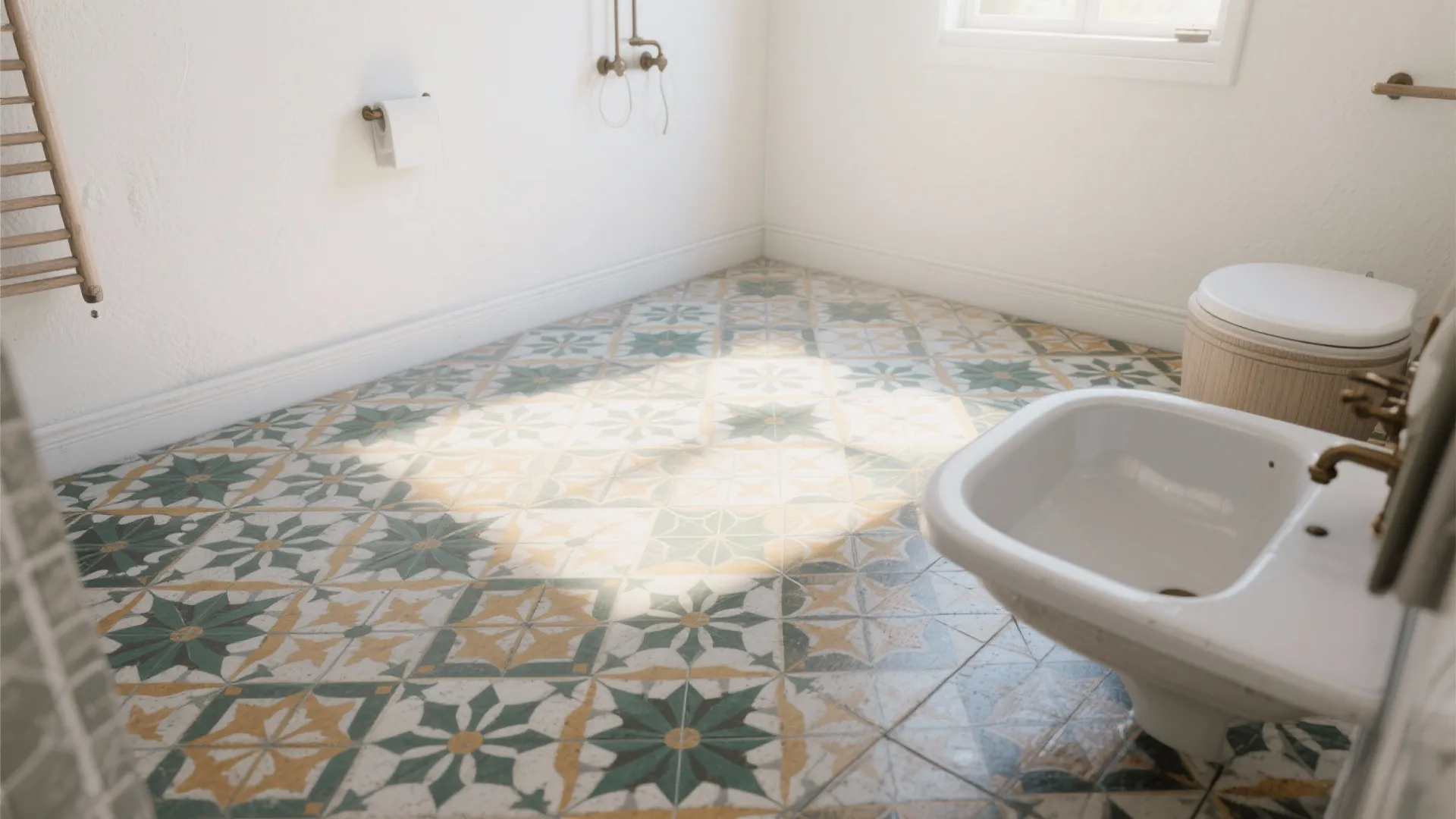 Bright bathroom with green and yellow patterned floor tiles white walls and a white sink