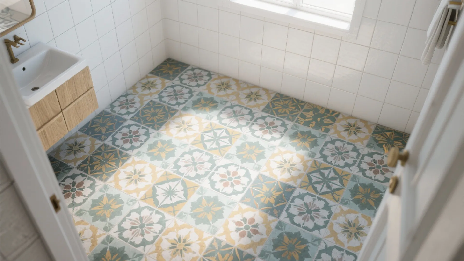 Sunlight hitting floral patterned bathroom floor tiles next to white wall tiles and a sink