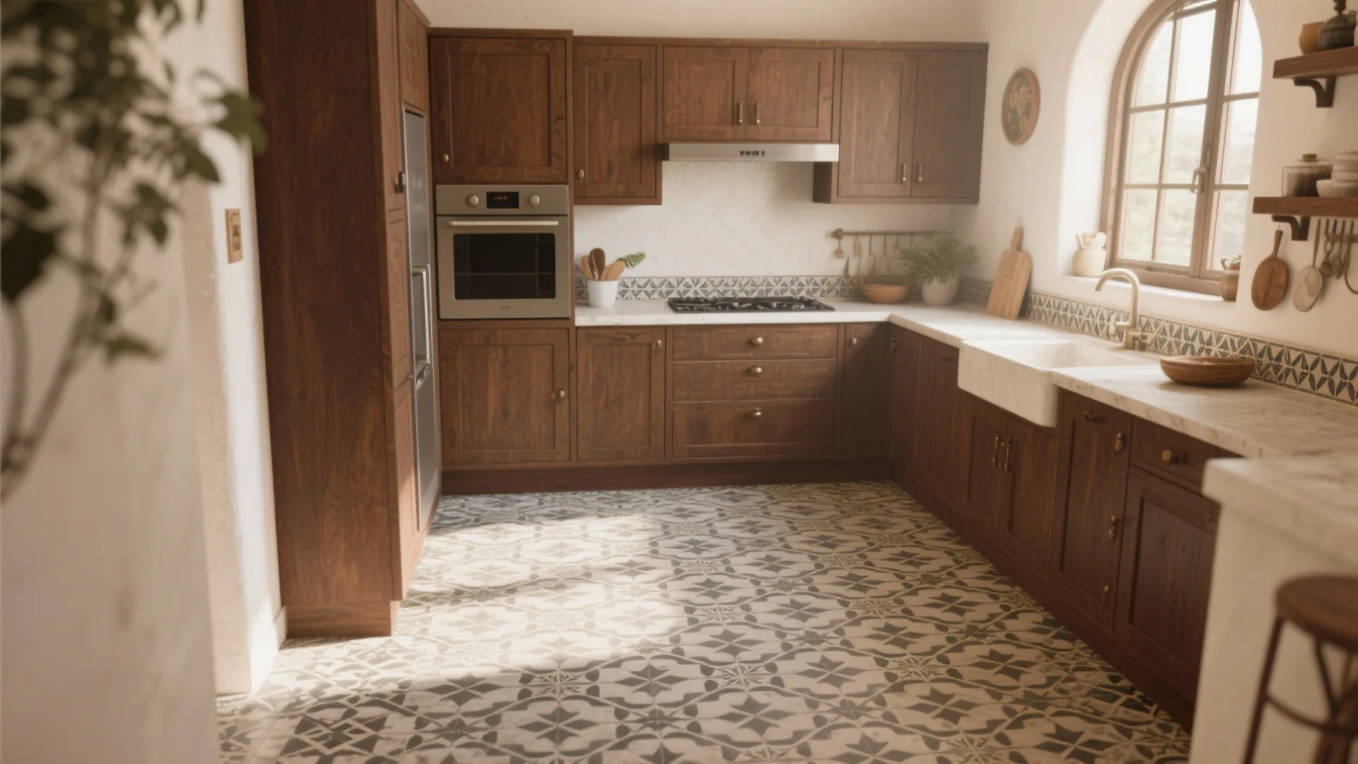 Rustic kitchen featuring dark wood cabinets patterned floor tiles white sink and a large window
