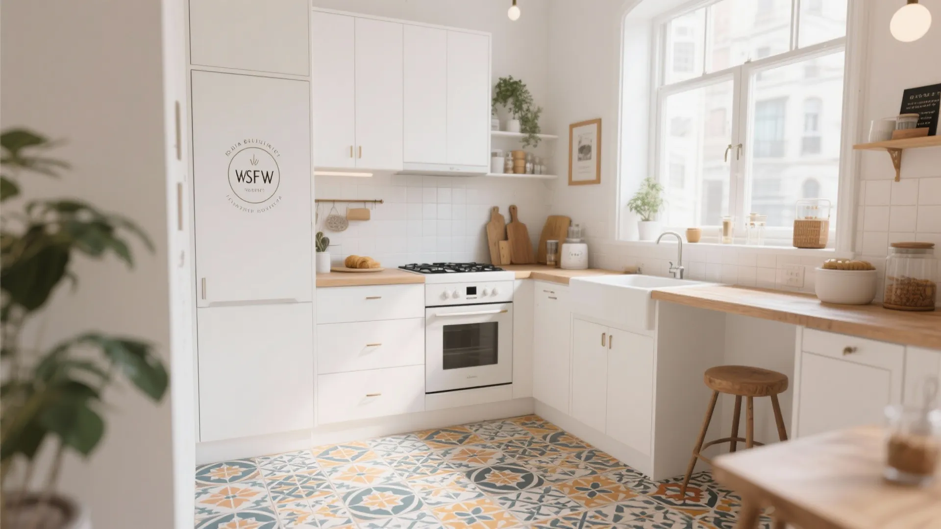 White boutique kitchen with patterned cement tile flooring