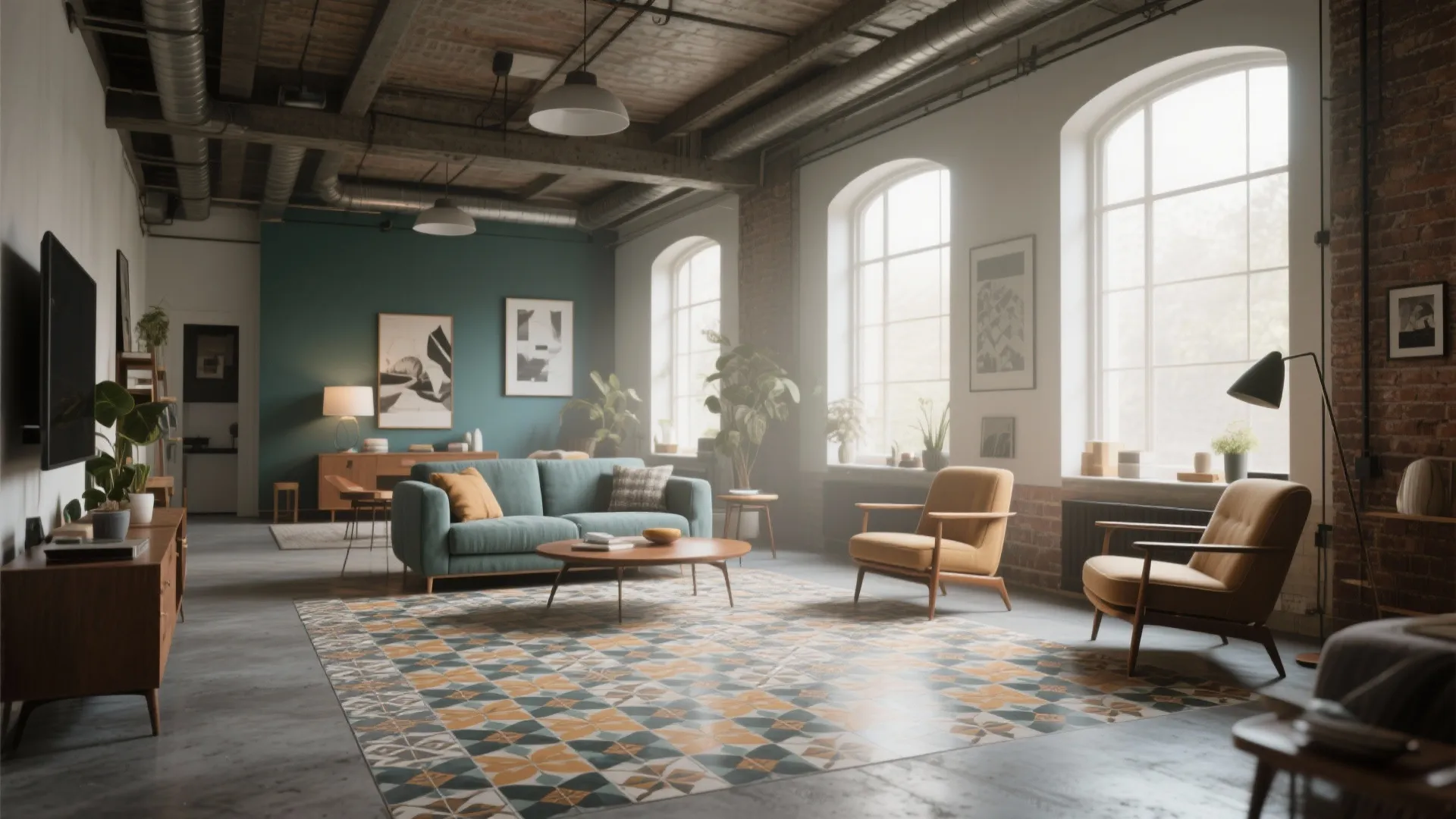 Industrial living room with patterned floor tiles blue sofa yellow chairs and large arched windows