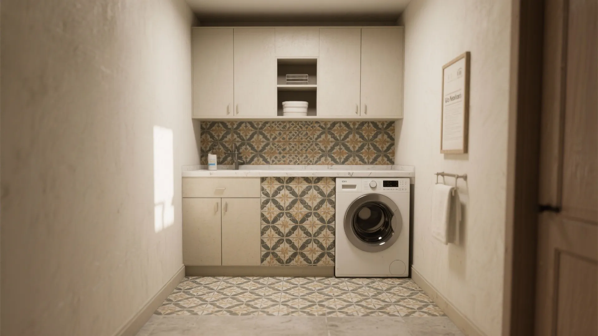 3. Patterned Cement-look Tiles for Personality