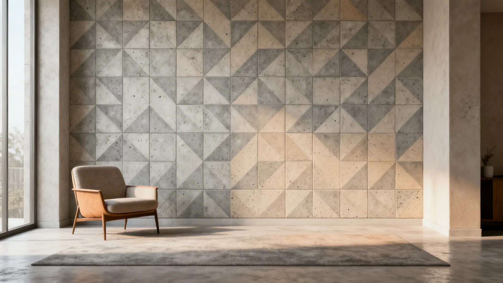Accent wall with muted geometric cement-look patterned tiles in a compact living room