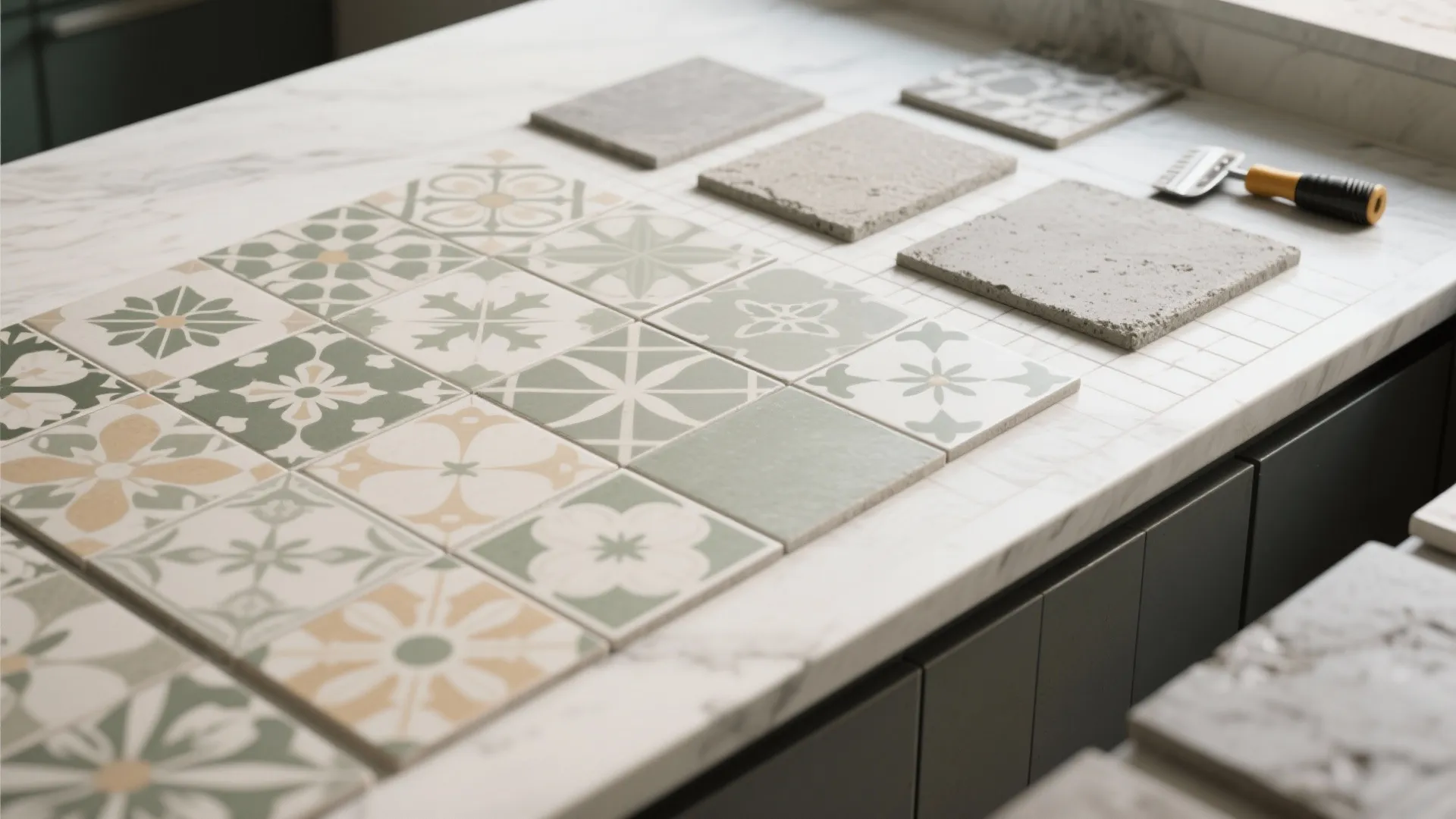 Various patterned green and white floor tiles displayed on a white marble table for selection