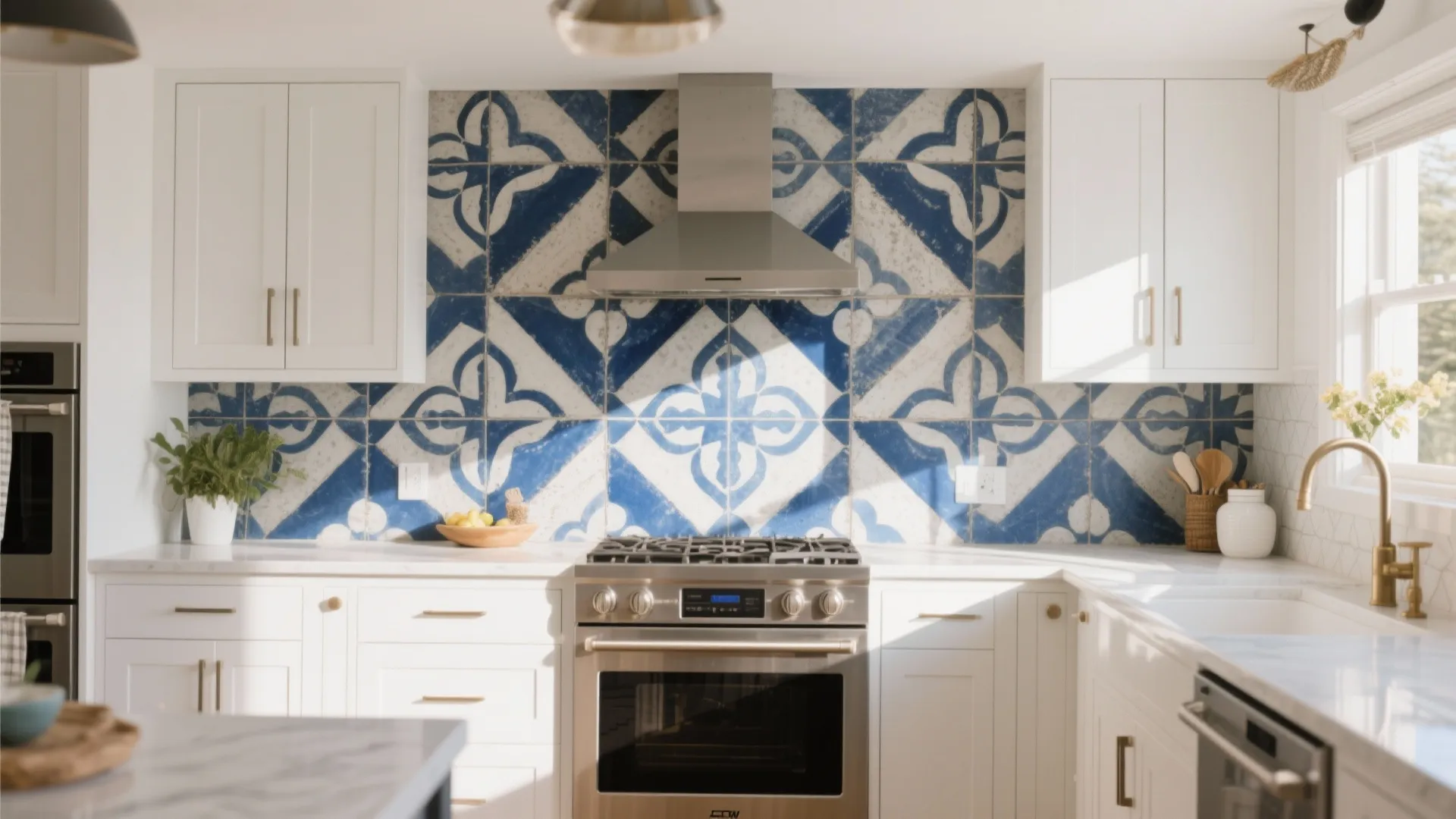 Bright kitchen featuring blue and white patterned wall tiles with white cabinets and silver gas stove