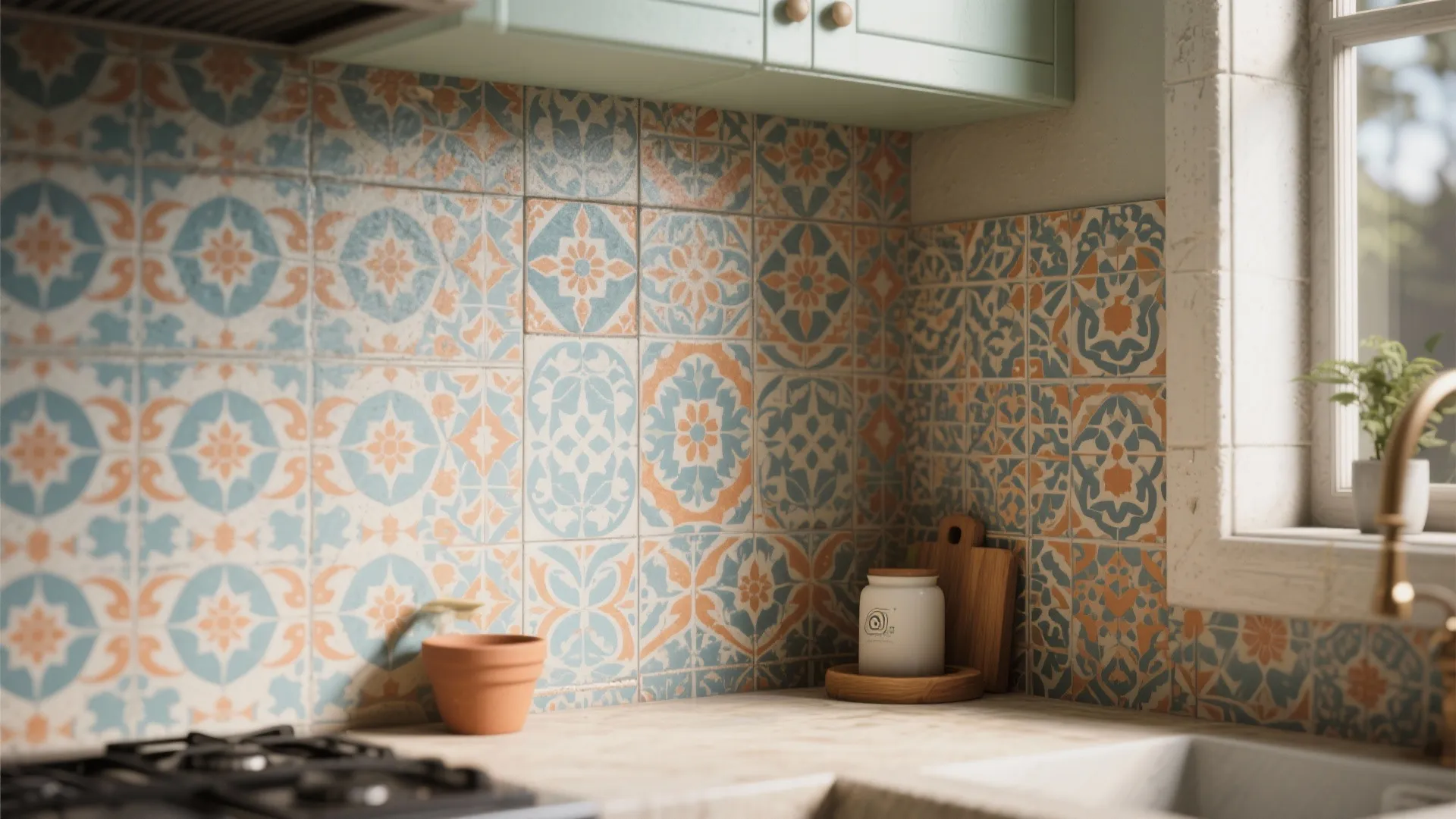 Kitchen interior with patterned blue and orange wall tiles light wood counter and green upper cabinet