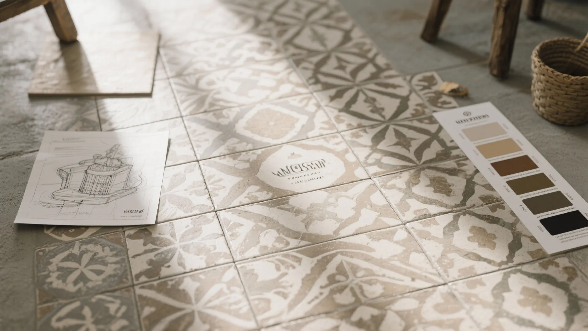 Patterned floor tiles with interior design drawing color palette card and small wicker basket layout