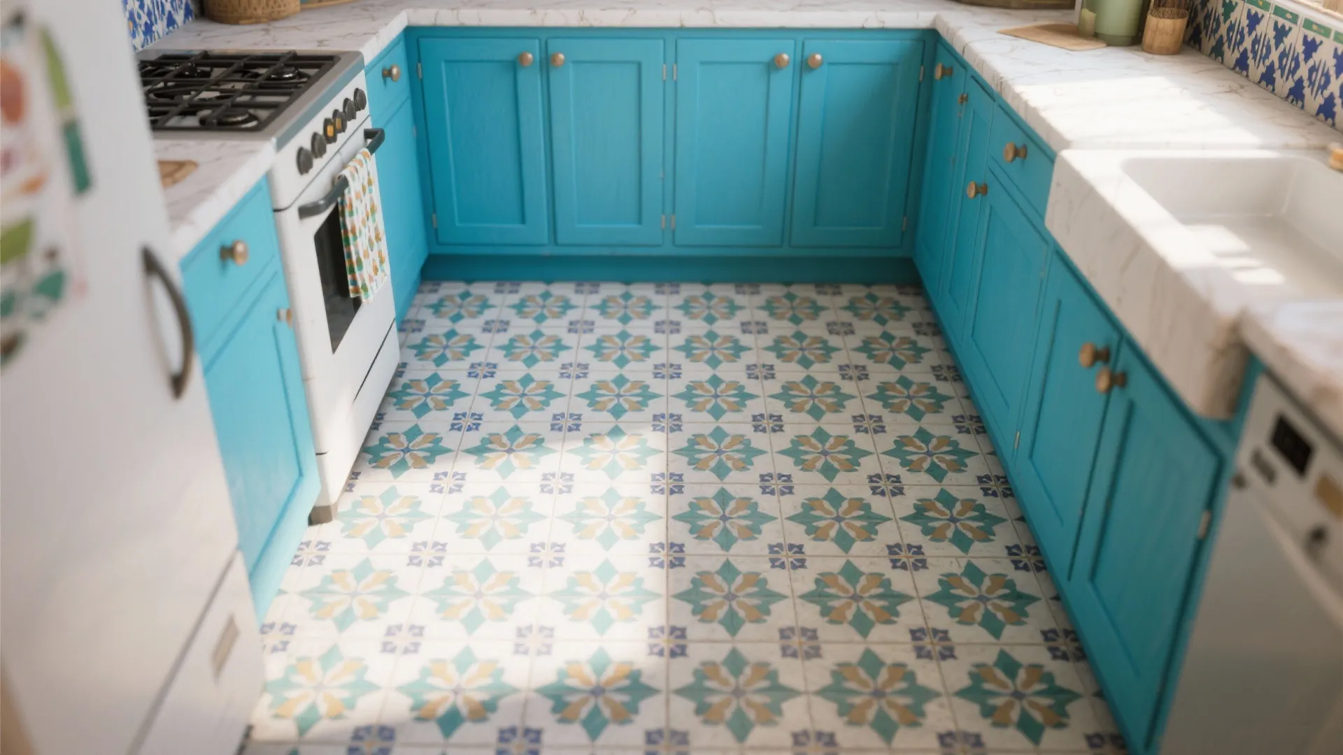 Bright blue kitchen cabinets with patterned floor tiles white sink gas stove and marble countertop
