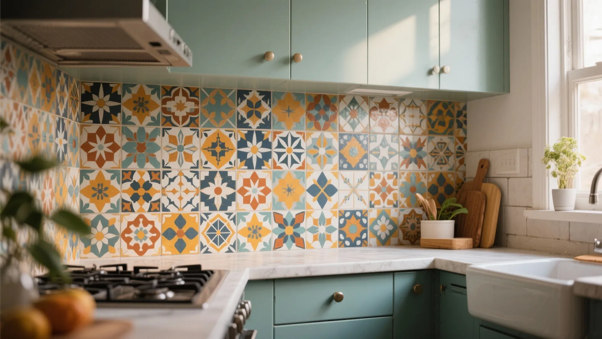 Modern kitchen with green cabinets and colorful patterned wall tiles above white marble look kitchen countertop