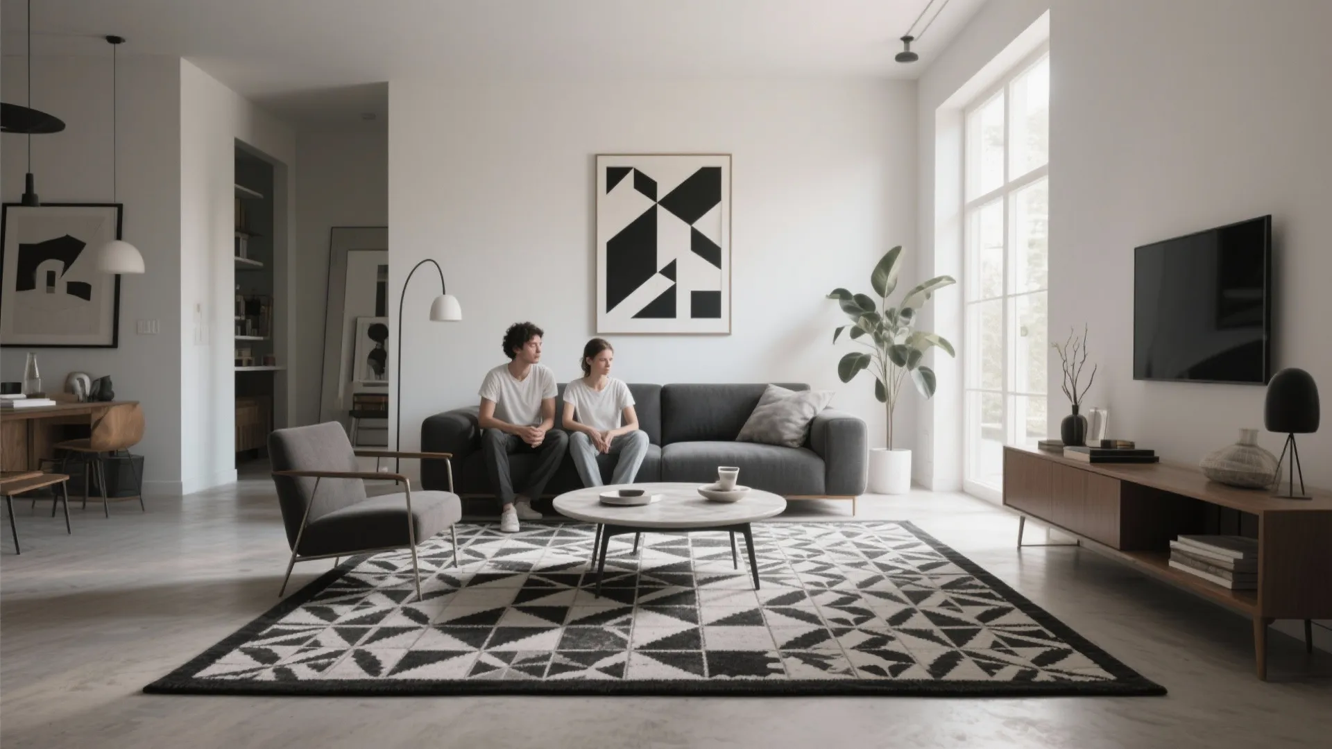 Modern living room with black and white geometric pattern rug sofa arm chair and coffee table
