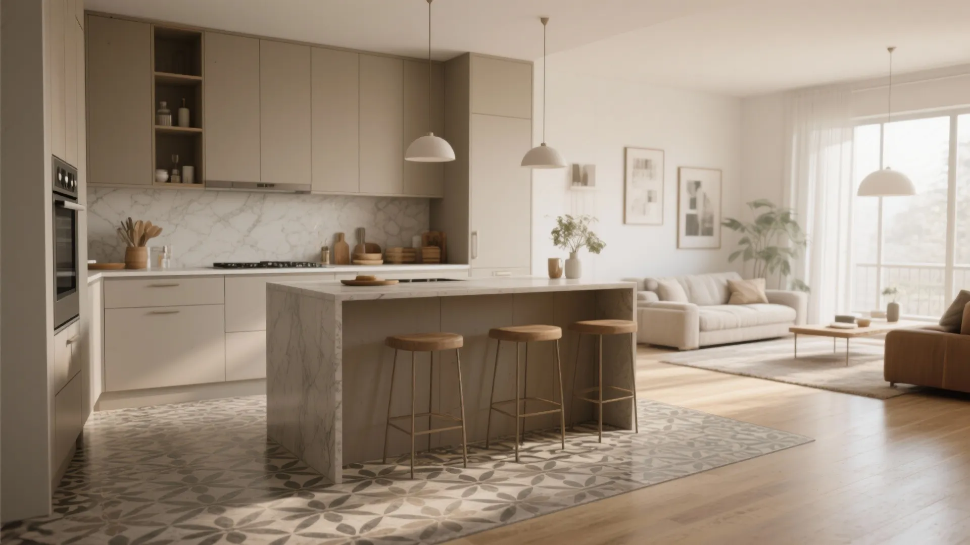 Open plan kitchen featuring floral patterned floor tiles beige cabinets marble island and distant living room