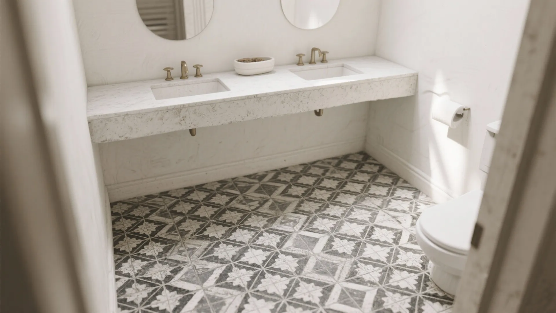 Monochrome patterned cement tiles define a bold powder room with minimal fixtures.