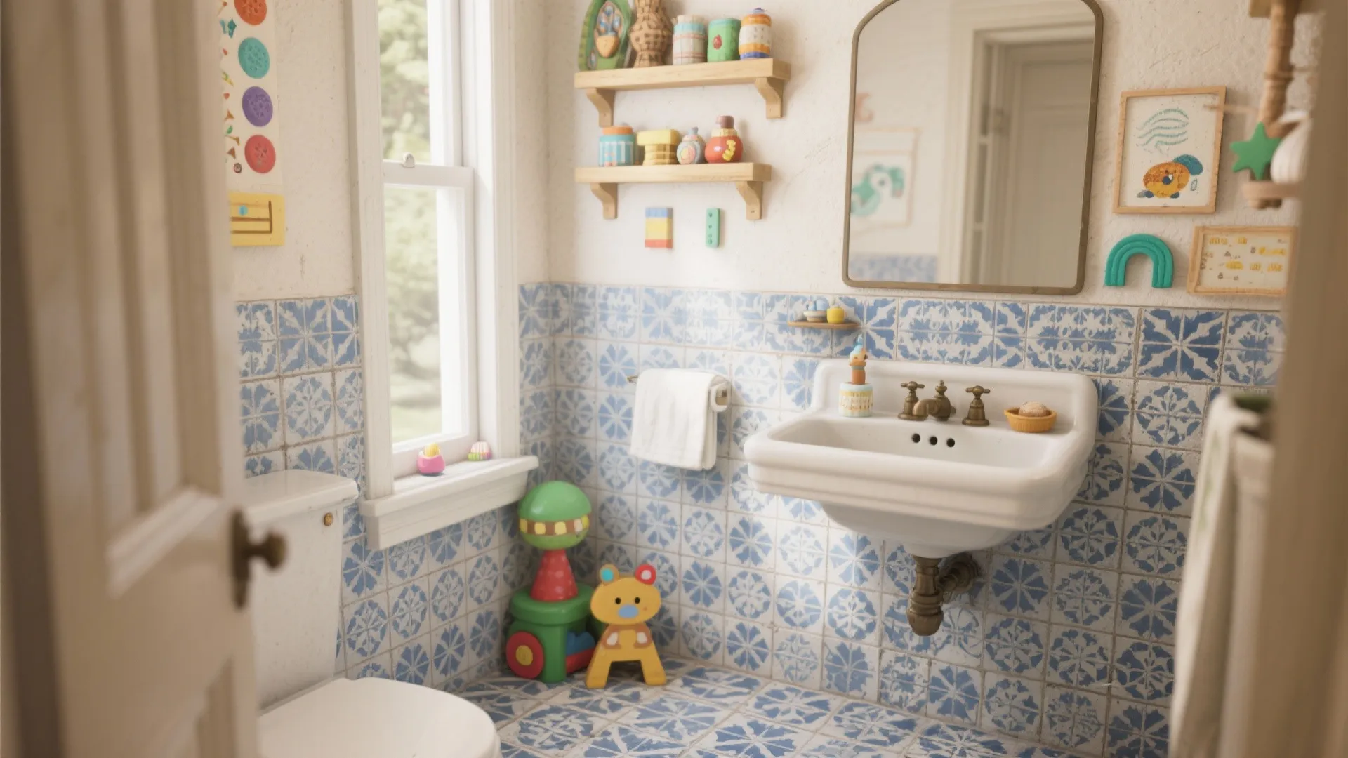 Powder room with blue-and-white patterned cement tiles and neutral walls in a curated style.