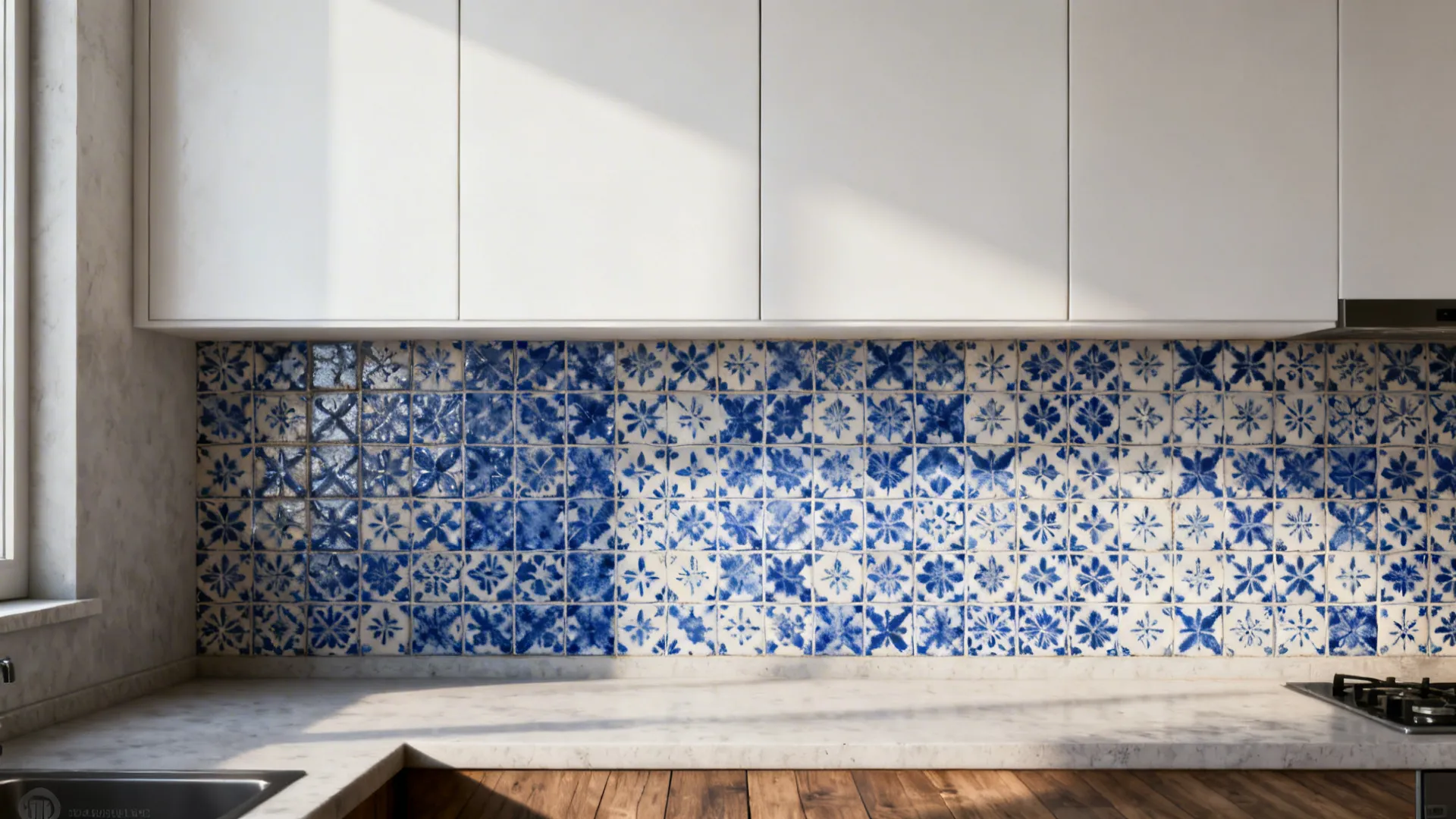 Galley kitchen featuring blue-and-white patterned cement-look tiles on the lower backsplash with white cabinets above.