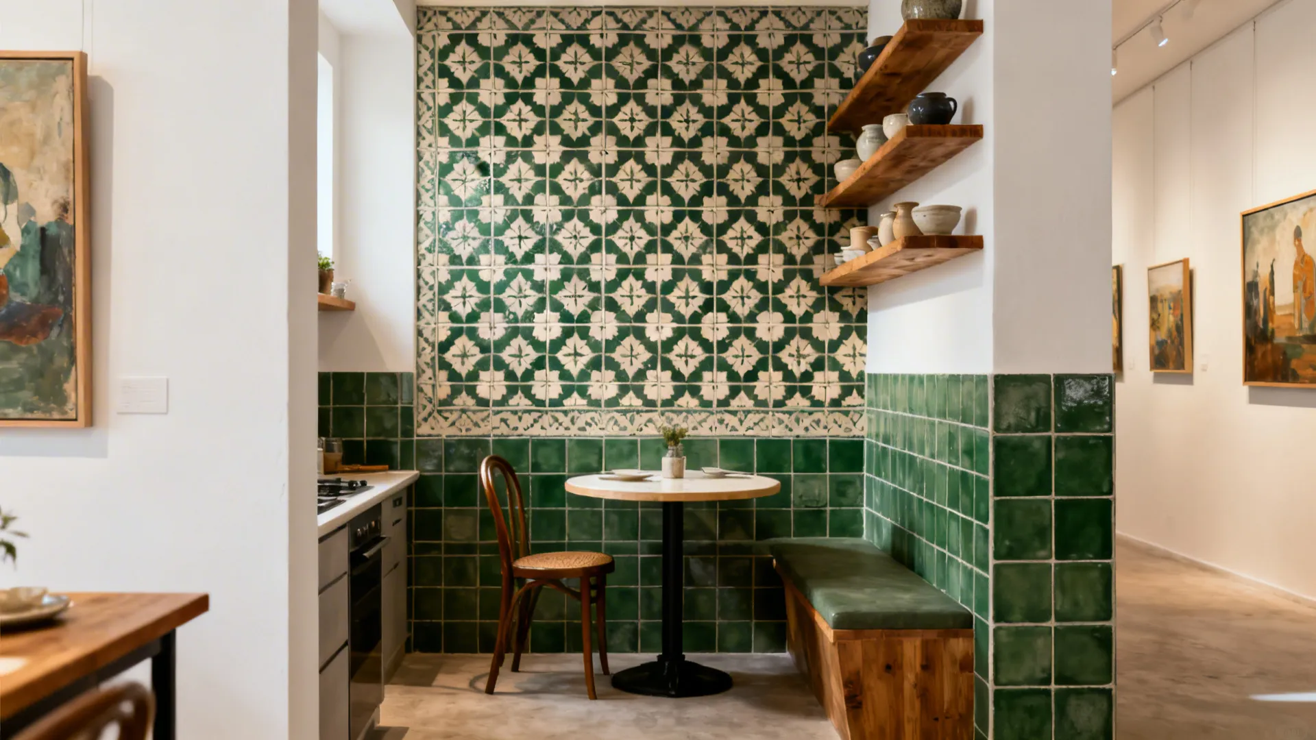 Eat-in corner with deep green and cream patterned cement tile focal wall and open shelves.