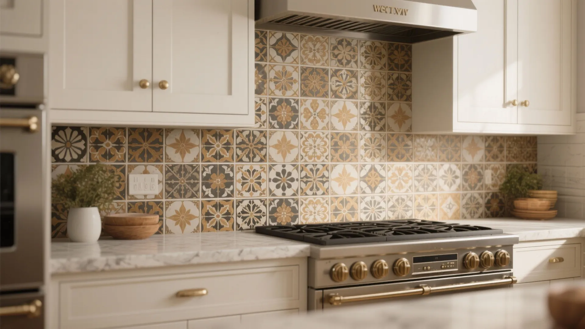 Kitchen wall with patterned tiles above a gas stove and between white wooden storage cabinets