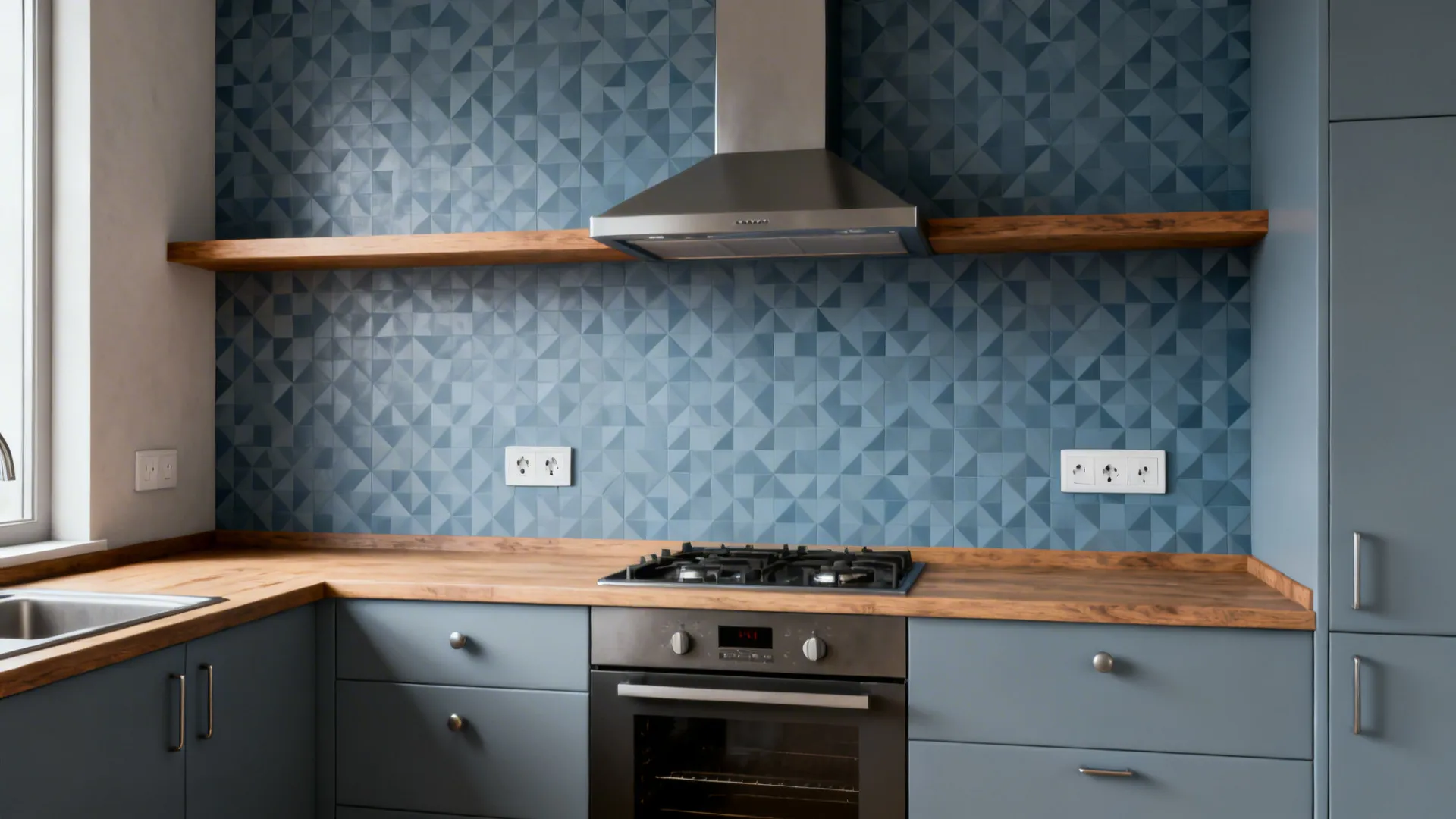 Low-contrast geometric patterned ceramic backsplash in a small loft kitchen with wood accents.