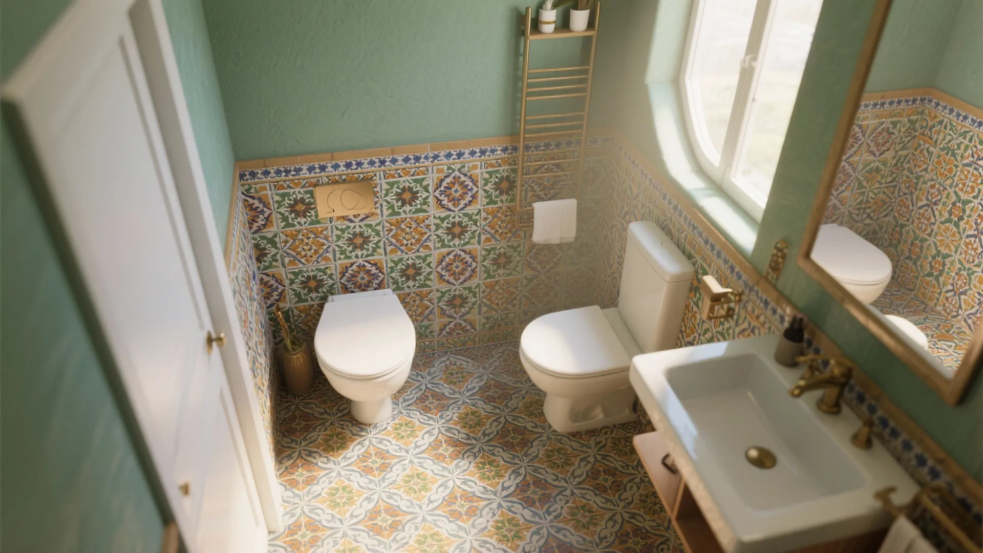 Green bathroom with patterned floor tile and white toilet and white sink and gold hardware