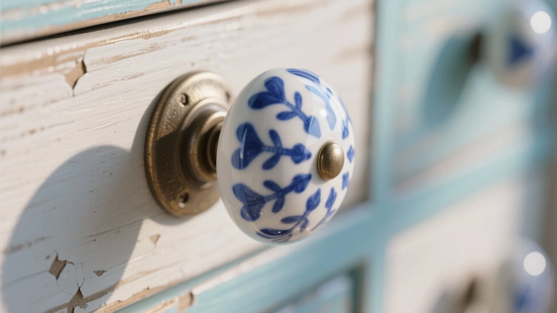 Blue-and-white patterned ceramic knob on a drawer with glazed texture.
