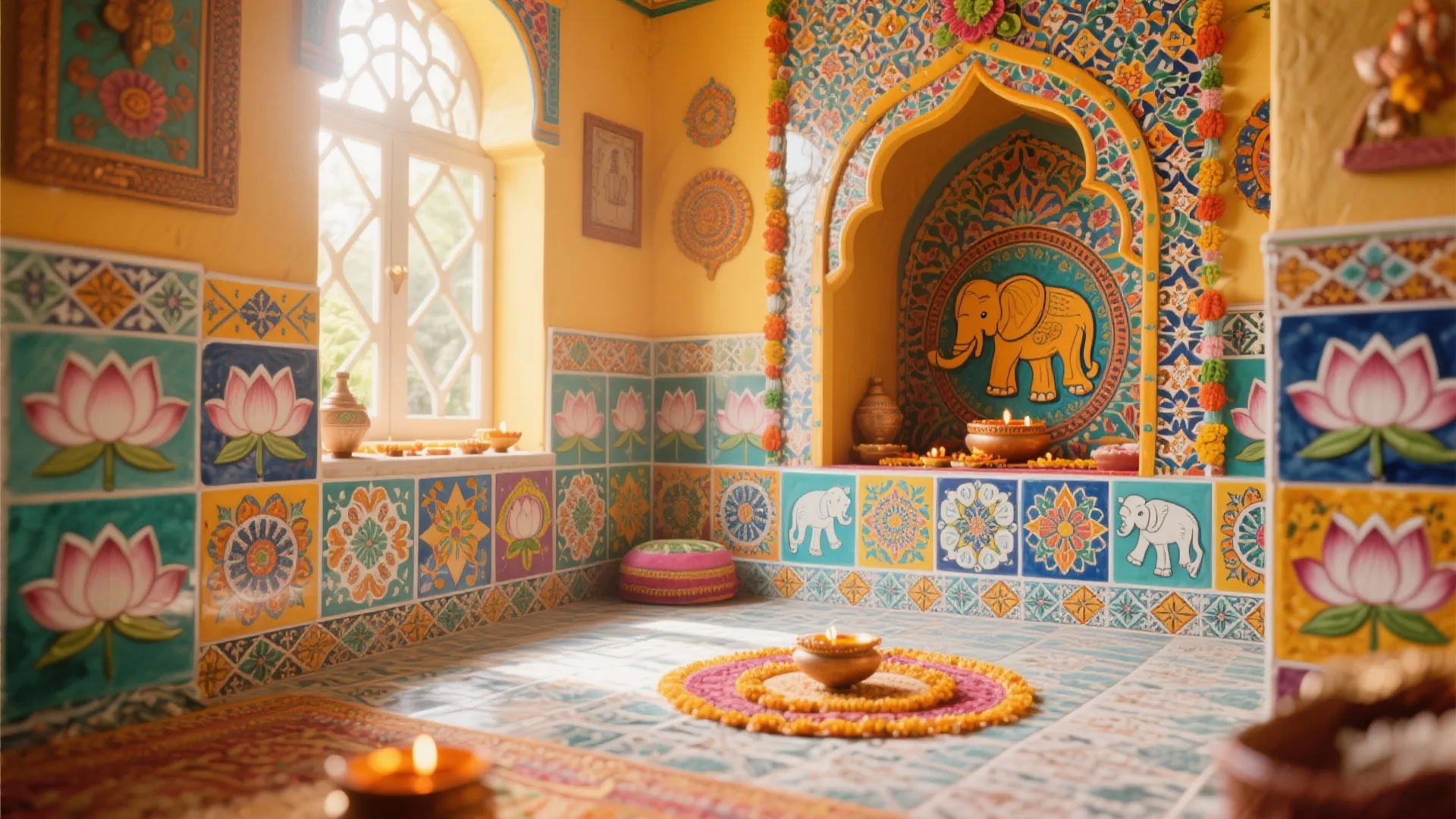 Colorful prayer room with floral wall tiles yellow walls elephant art and small oil lamps