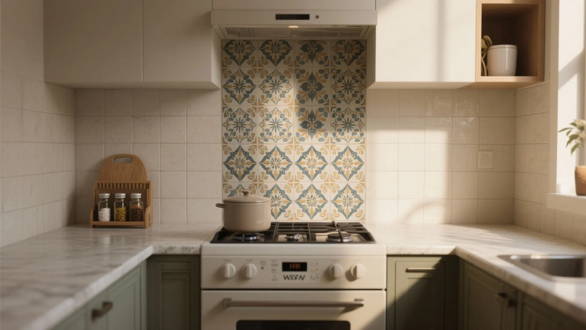 Focal strip of patterned ceramic tiles behind a stove in a small kitchen, adding personality without overwhelming space.