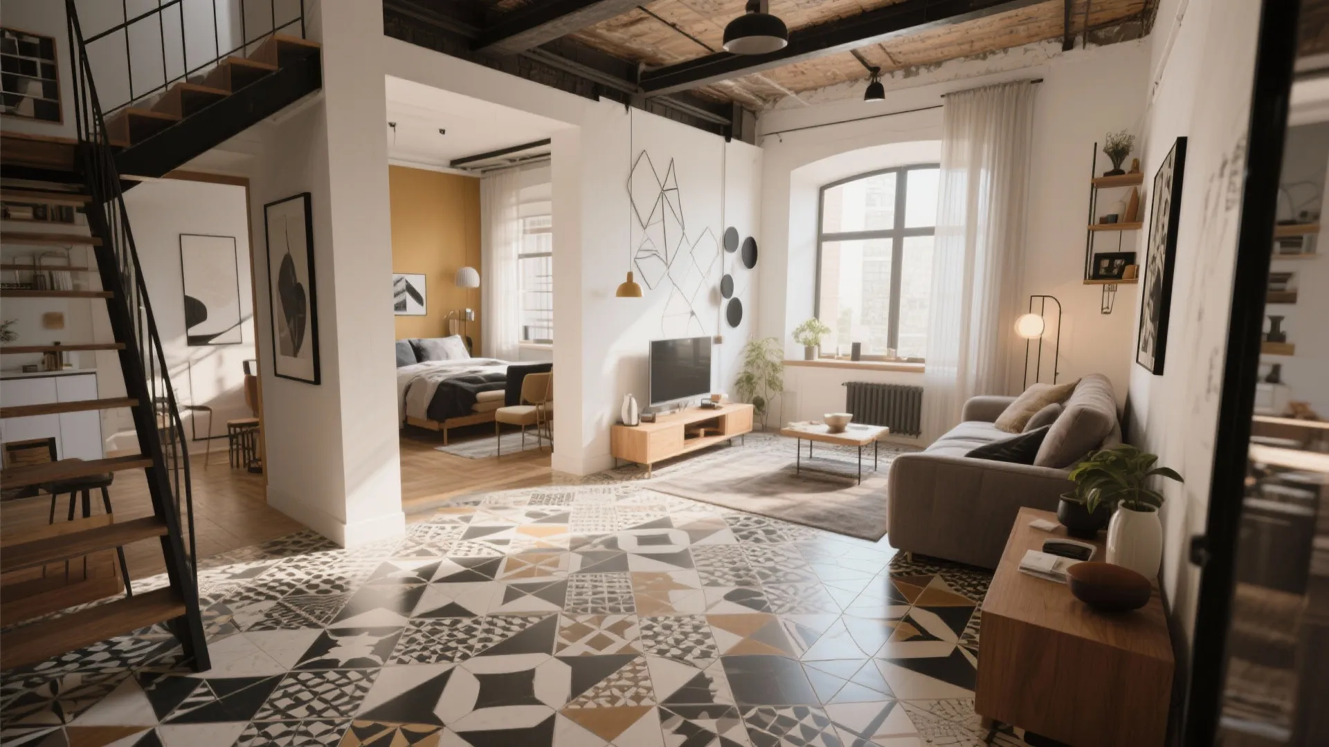 Loft living room with bold geometric ceramic tile flooring under natural light