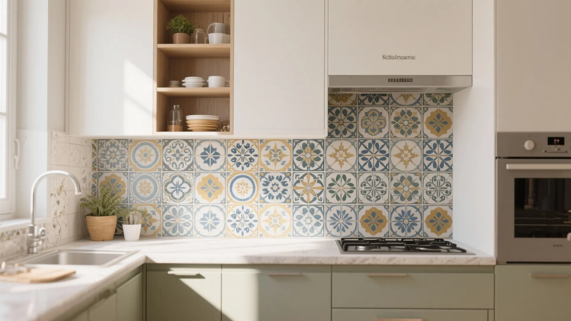 Kitchen counter with colorful patterned tiles white cabinets green drawers and a silver water sink