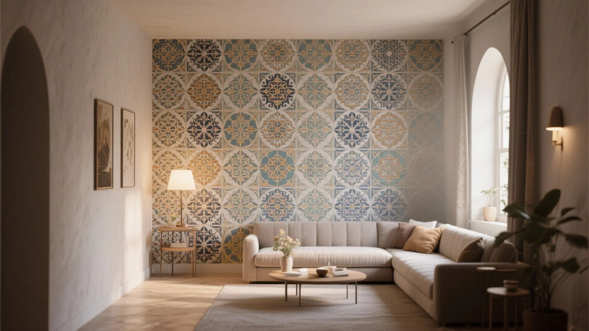 Living room with patterned ceramic wall tiles behind a cream sofa and a round table