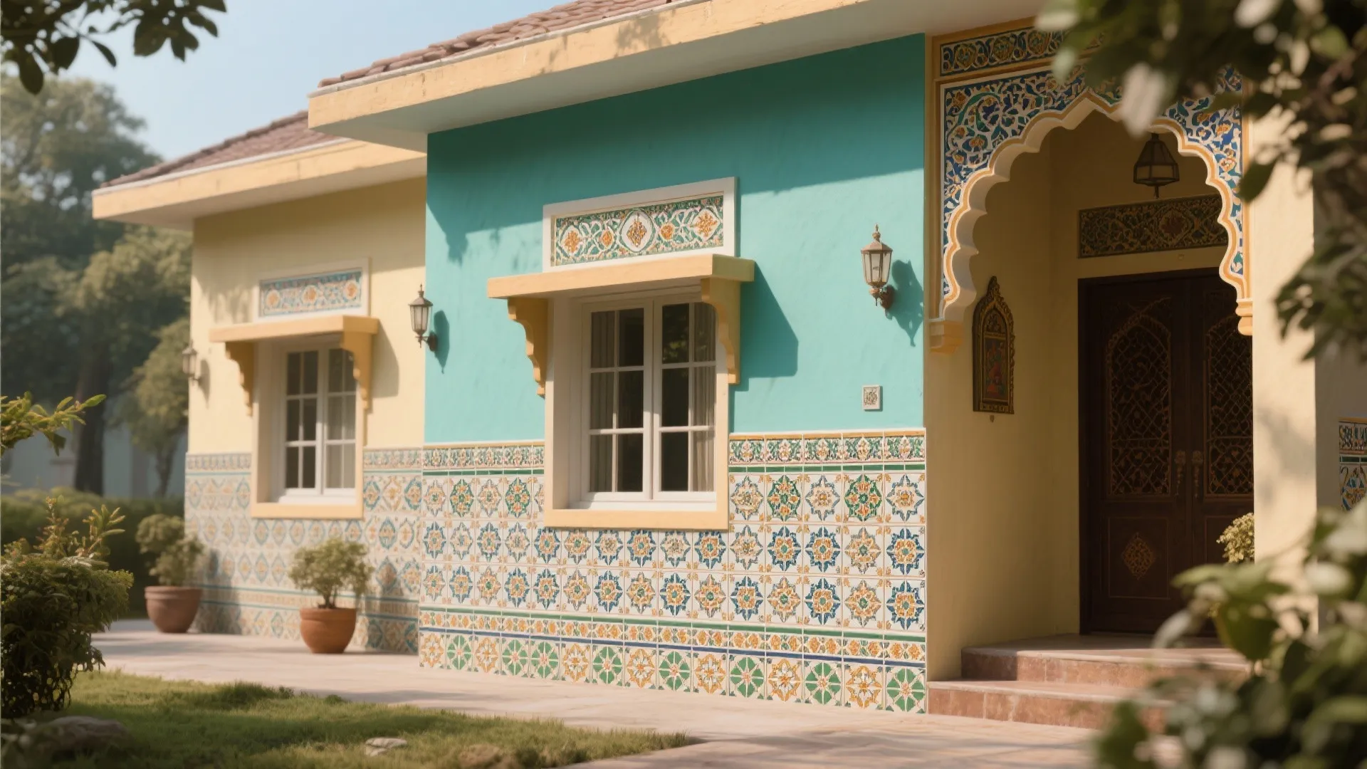 Blue and yellow house exterior with patterned wall tiles around windows and an arched front door