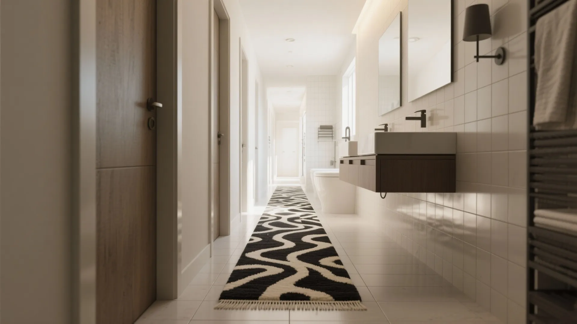White hallway featuring black and white patterned rug next to a floating wooden bathroom sink cabinet