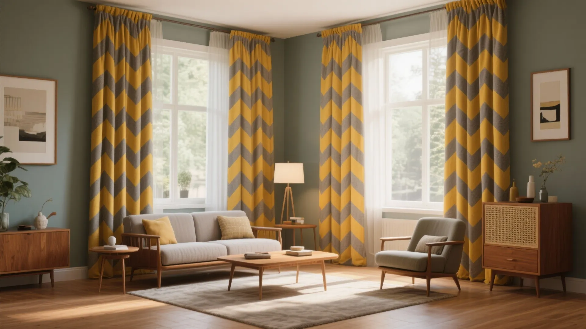 Green living room with yellow zigzag curtains, grey sofa, wooden coffee table, and an armchair