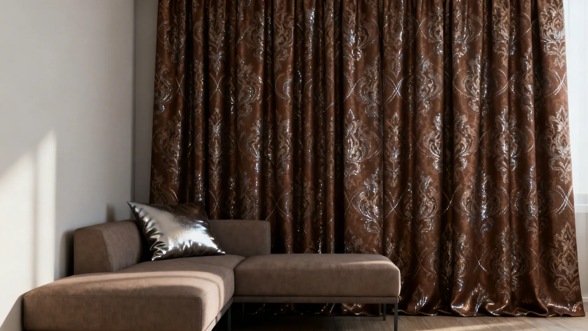 Small living room with patterned chocolate brown curtains and subtle metallic threads