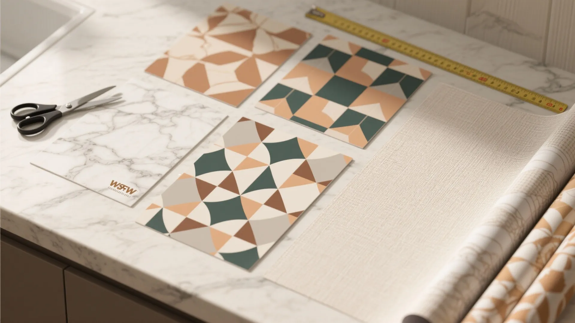 Patterned contact paper samples with scissors and yellow measuring tape on a white marble countertop