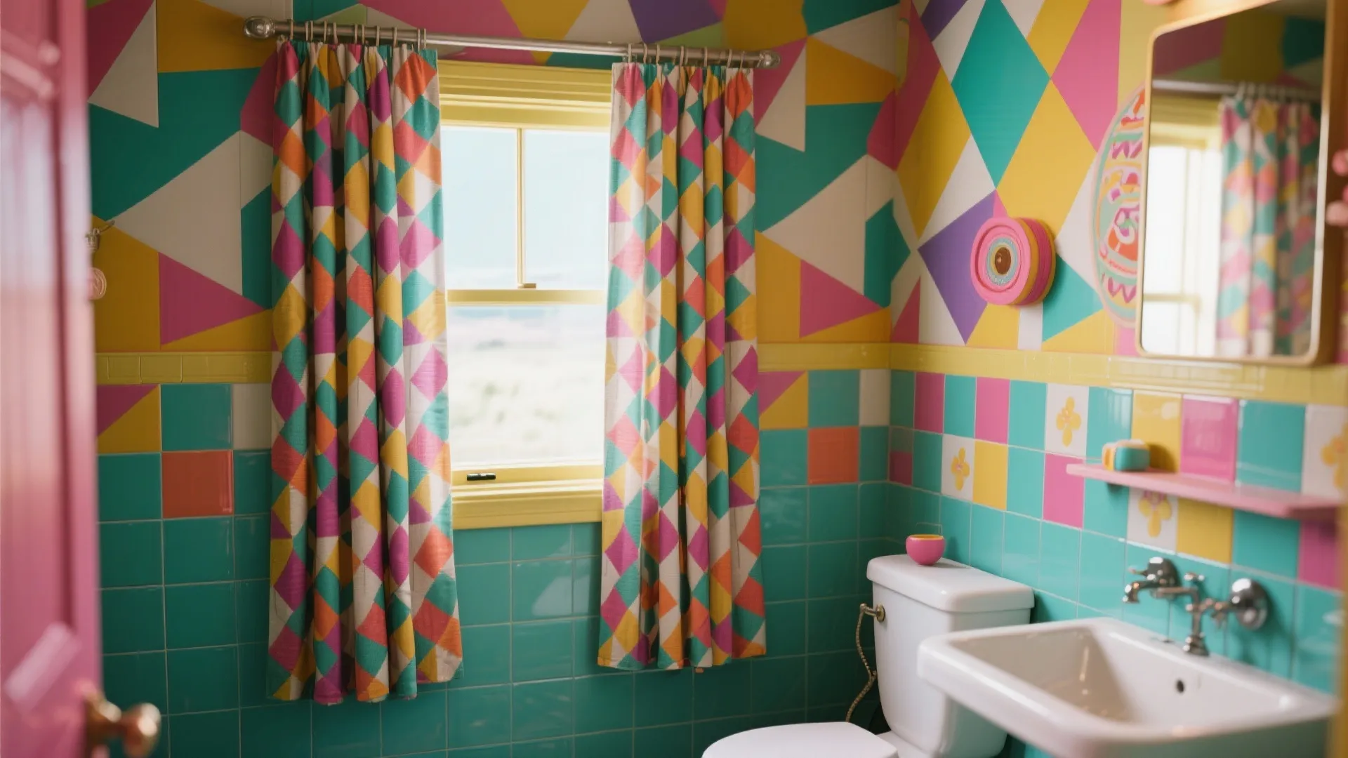 Retro bathroom with bold cotton patterned curtains